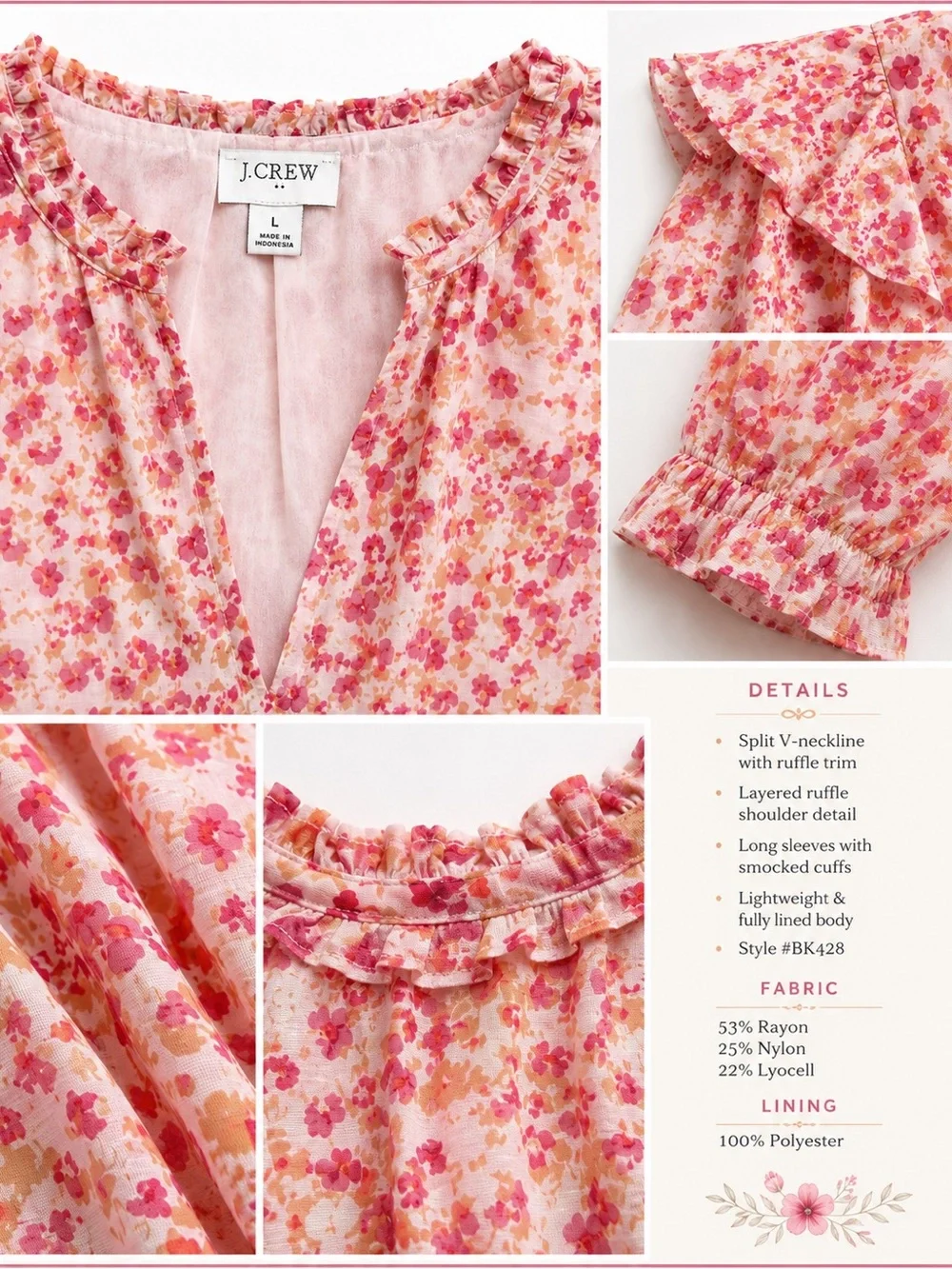 J.Crew Romantic Bohemian Pink Floral Ruffle Collar Long Sleeve Blouse - Size L